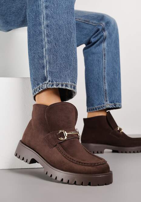 Brązowe Botki w Stylu Loafersów Zdobione Metaliczną Aplikacją Aqianey