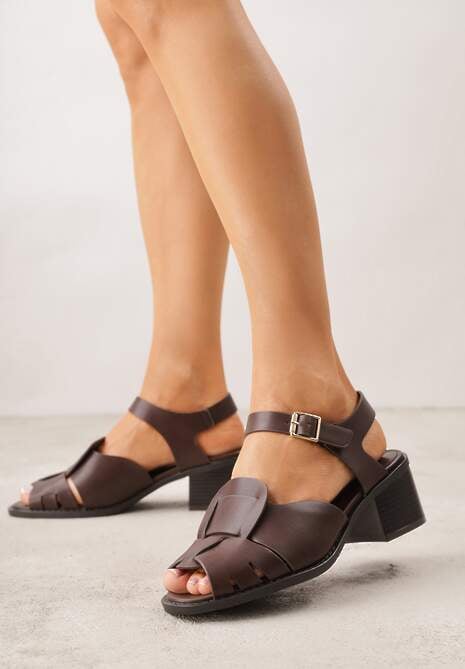 Ciemnobrązowe Sandały na Słupku z Geometryczną Cholewką Aiganele