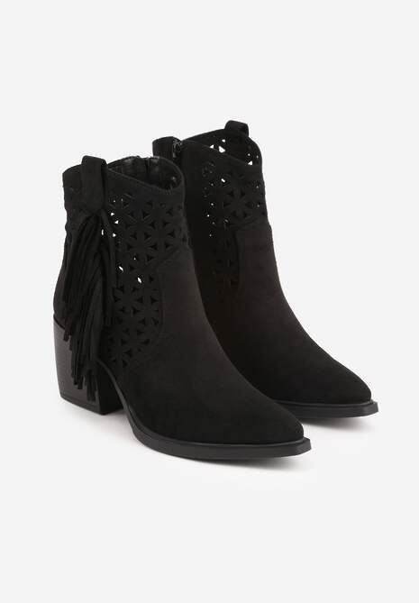 Czarne Ażurowe Botki Typu Kowbojki na Stożku Ozdobione Frędzlami Pentora 5