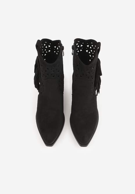 Czarne Ażurowe Botki Typu Kowbojki na Stożku Ozdobione Frędzlami Pentora 6