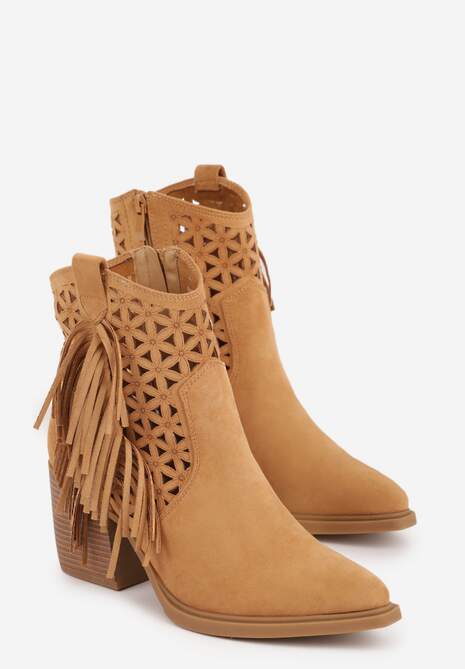 Brązowe Ażurowe Botki Typu Kowbojki na Stożku Ozdobione Frędzlami Pentora 5