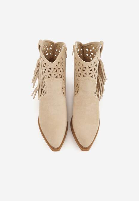 Beżowe Ażurowe Botki Typu Kowbojki na Stożku Ozdobione Frędzlami Pentora 6