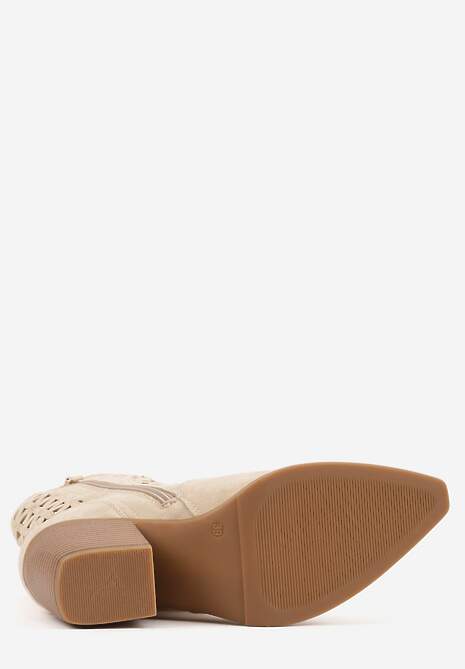 Beżowe Ażurowe Botki Typu Kowbojki na Stożku Ozdobione Frędzlami Pentora 7