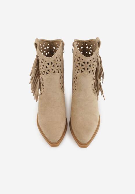 Ciemnobeżowe Ażurowe Botki Typu Kowbojki na Stożku Ozdobione Frędzlami Pentora 6