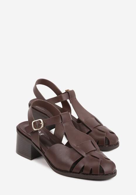 Ciemnobrązowe Sandały na Słupku Ozdobione Wycięciami Rharlan 5