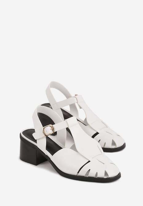 Białe Sandały na Słupku Ozdobione Wycięciami Rharlan 5