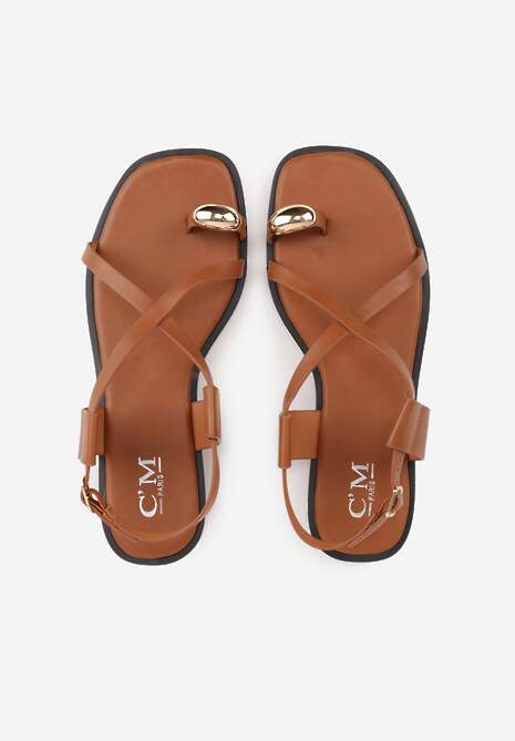 Brązowe Sandały Typu Japonki Ozdobione Metaliczną Aplikacją Grynyra 6