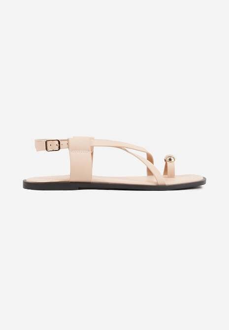Beżowe Sandały Typu Japonki Ozdobione Metaliczną Aplikacją Grynyra 4