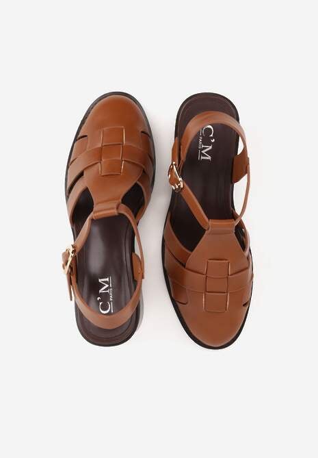 Brązowe Sandały na Stożku Ozdobione Geometryczną Cholewką Peripe 6