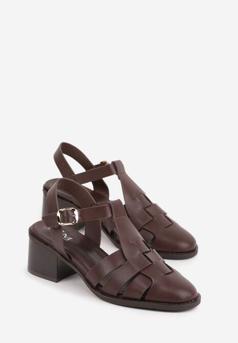 Ciemnobrązowe Sandały na Stożku Ozdobione Geometryczną Cholewką Peripe 5