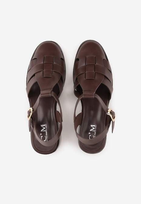 Ciemnobrązowe Sandały na Stożku Ozdobione Geometryczną Cholewką Peripe 6