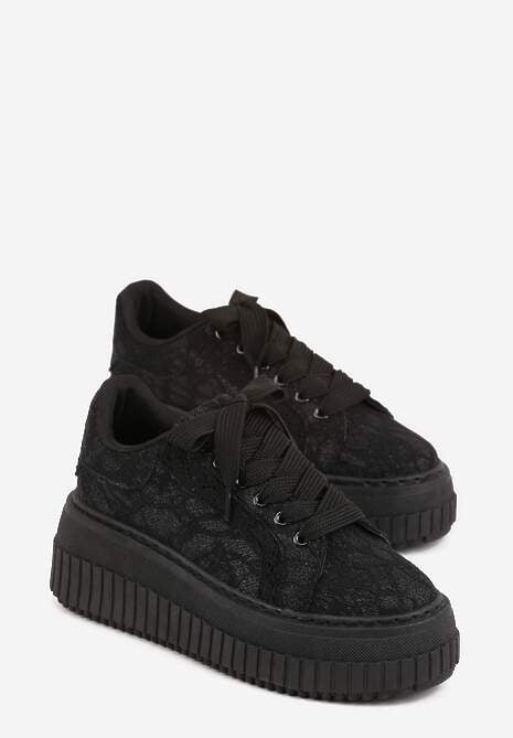 Czarne Koronkowe Sneakersy na Platformie z Tłoczeniem i Brokatem Phisnell 5