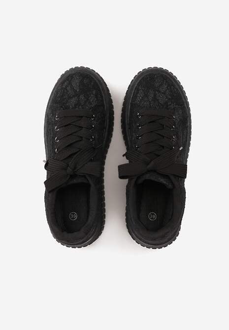 Czarne Koronkowe Sneakersy na Platformie z Tłoczeniem i Brokatem Phisnell 6