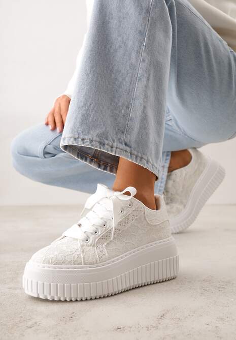Białe Koronkowe Sneakersy na Platformie z Tłoczeniem i Brokatem Phisnell