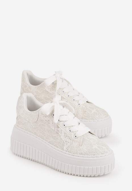 Białe Koronkowe Sneakersy na Platformie z Tłoczeniem i Brokatem Phisnell 5