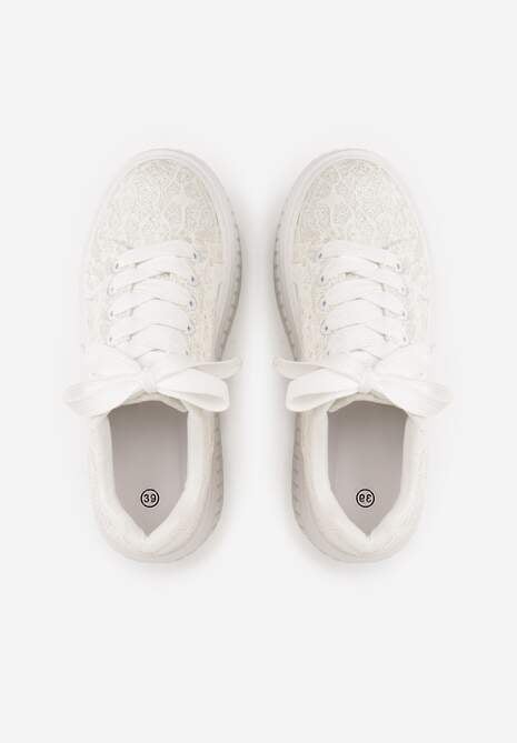Białe Koronkowe Sneakersy na Platformie z Tłoczeniem i Brokatem Phisnell 6