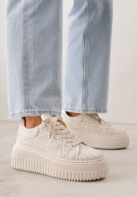 Beżowe Koronkowe Sneakersy na Platformie z Tłoczeniem i Brokatem Phisnell