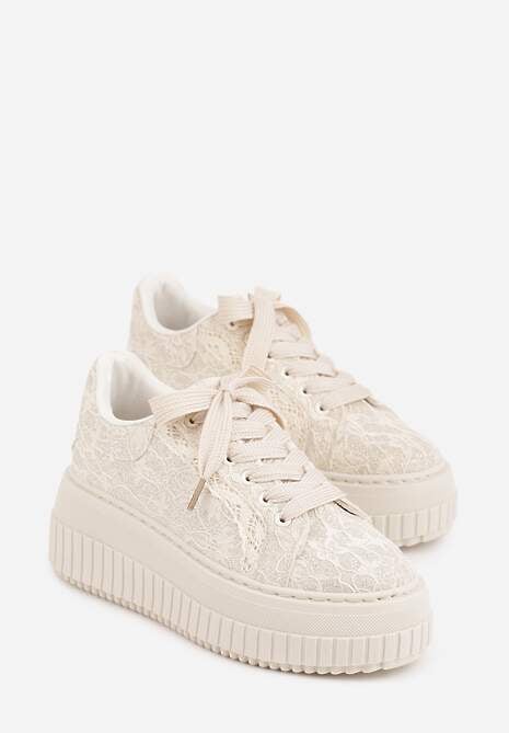 Beżowe Koronkowe Sneakersy na Platformie z Tłoczeniem i Brokatem Phisnell 5