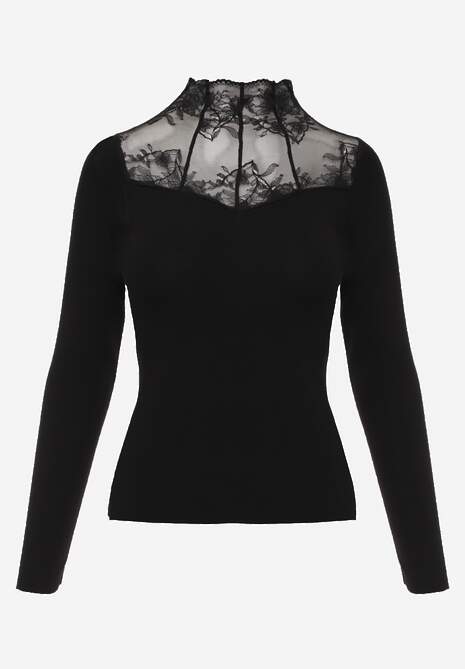 Czarny Sweter z Półgolfem z Wiskozą o Dopasowanym Kroju Zdobiony Koronką Oceanus 6