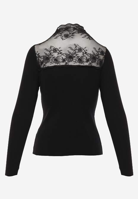 Czarny Sweter z Półgolfem z Wiskozą o Dopasowanym Kroju Zdobiony Koronką Oceanus 7
