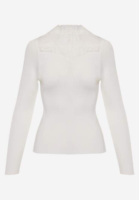 Biały Sweter z Półgolfem z Wiskozą o Dopasowanym Kroju Zdobiony Koronką Oceanus 6