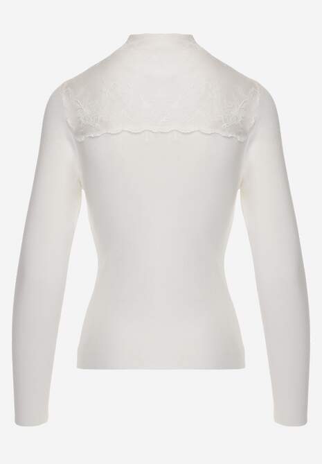 Biały Sweter z Półgolfem z Wiskozą o Dopasowanym Kroju Zdobiony Koronką Oceanus 7