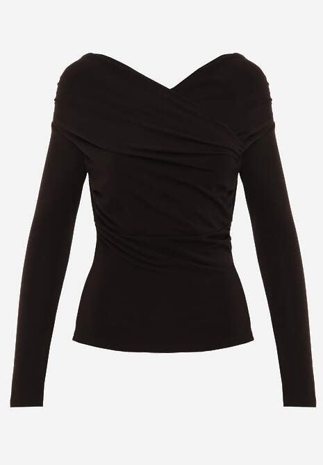 Czarna Marszczona Bluzka z Bawełną i Dekoltem w Łódkę Orinlia 6