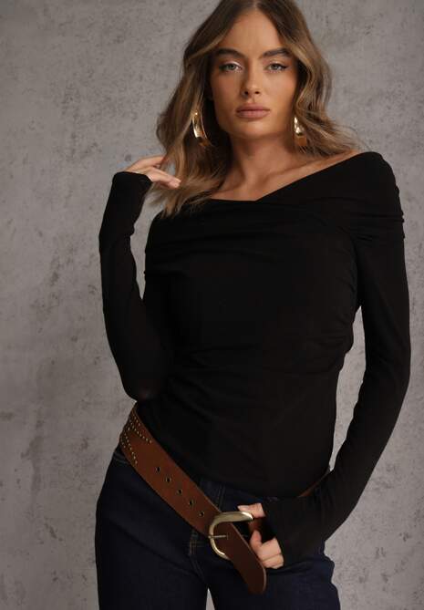 Czarna Marszczona Bluzka z Bawełną i Dekoltem w Łódkę Orinlia