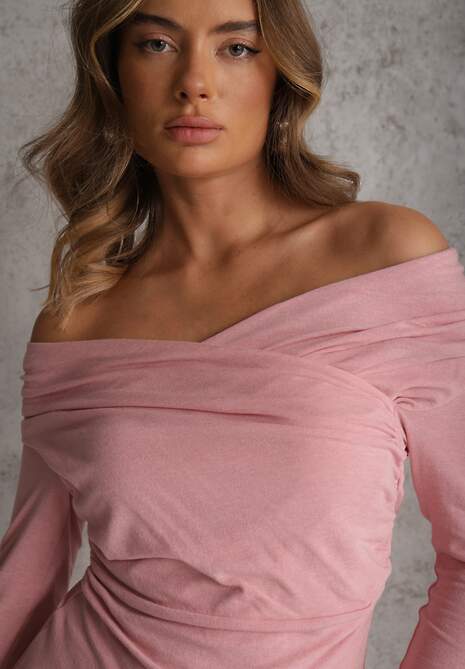 Różowa Marszczona Bluzka z Bawełną i Dekoltem w Łódkę Orinlia 5