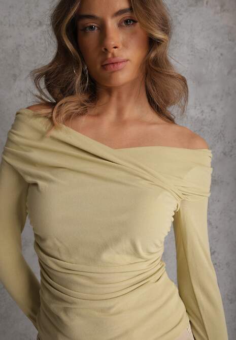 Zielona Marszczona Bluzka z Bawełną i Dekoltem w Łódkę Orinlia 5