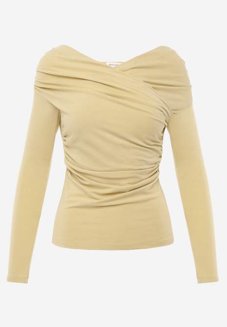 Zielona Marszczona Bluzka z Bawełną i Dekoltem w Łódkę Orinlia 6