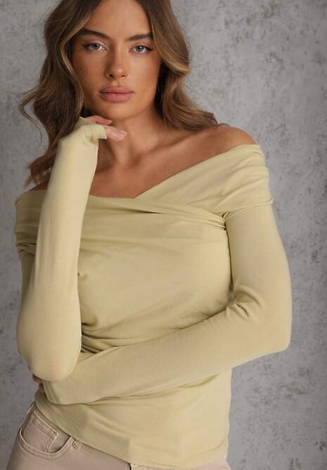 Zielona Marszczona Bluzka z Bawełną i Dekoltem w Łódkę Orinlia