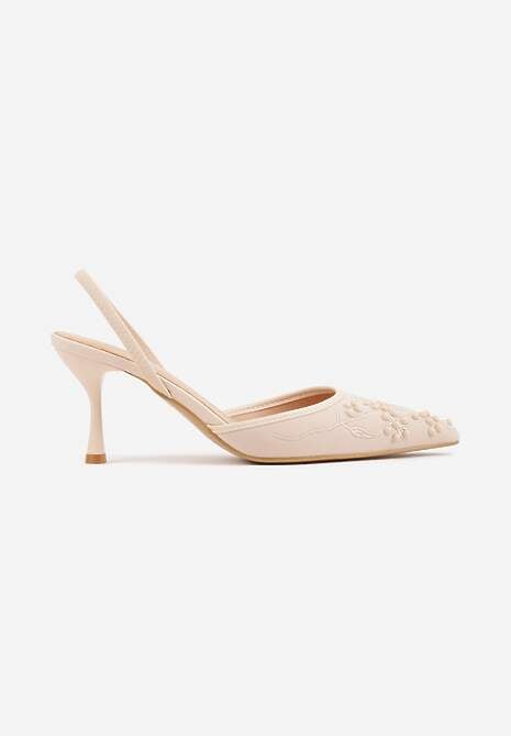 Beżowe Sandały na Szpilce Ozdobione Haftowanym Wzorem i Koralikami Sametis 4