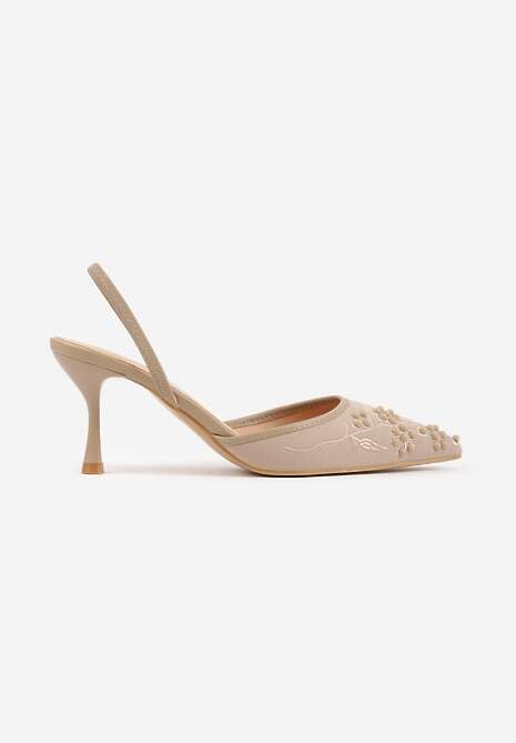 Ciemnobeżowe Sandały na Szpilce Ozdobione Haftowanym Wzorem i Koralikami Sametis 4