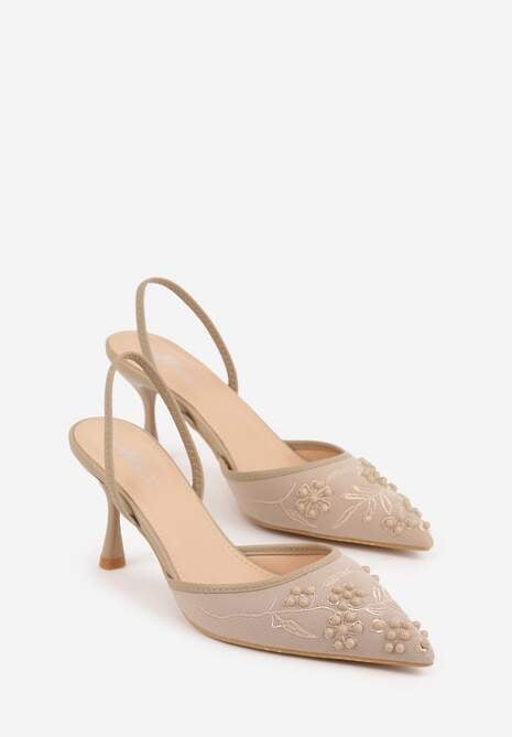 Ciemnobeżowe Sandały na Szpilce Ozdobione Haftowanym Wzorem i Koralikami Sametis 5