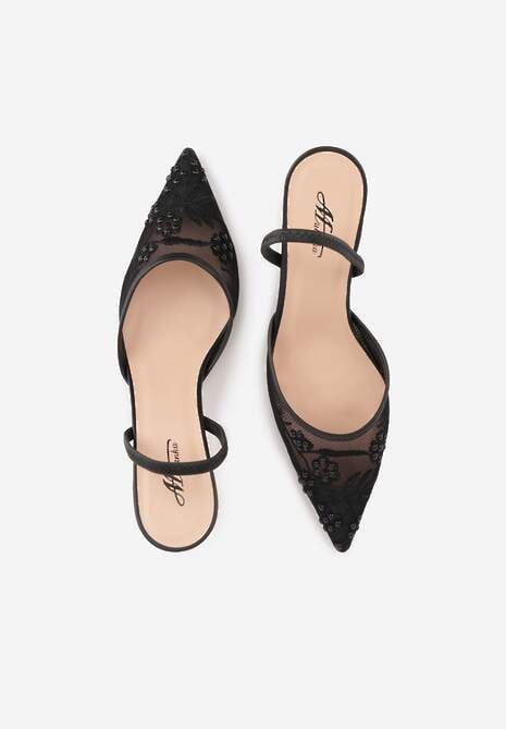 Czarne Transparentne Sandały na Szpilce Ozdobione Koronką  Thetune 6