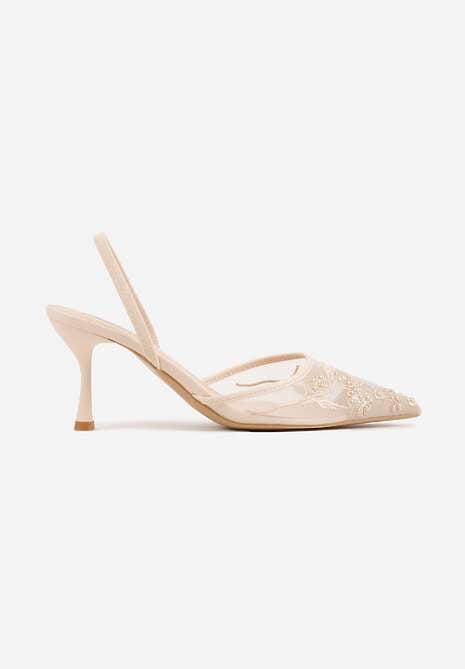 Beżowe Transparentne Sandały na Szpilce Ozdobione Koronką  Thetune 4