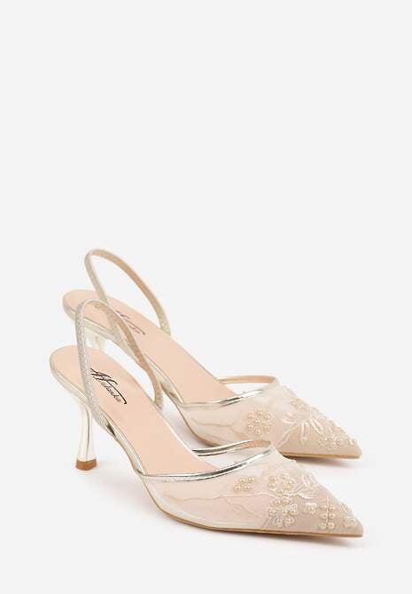 Złote Transparentne Sandały na Szpilce Ozdobione Koronką  Thetune 5