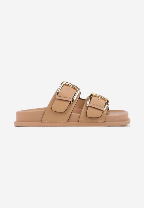 Ciemnobeżowe Klapki z Metalicznymi Klamrami Aetheta 4
