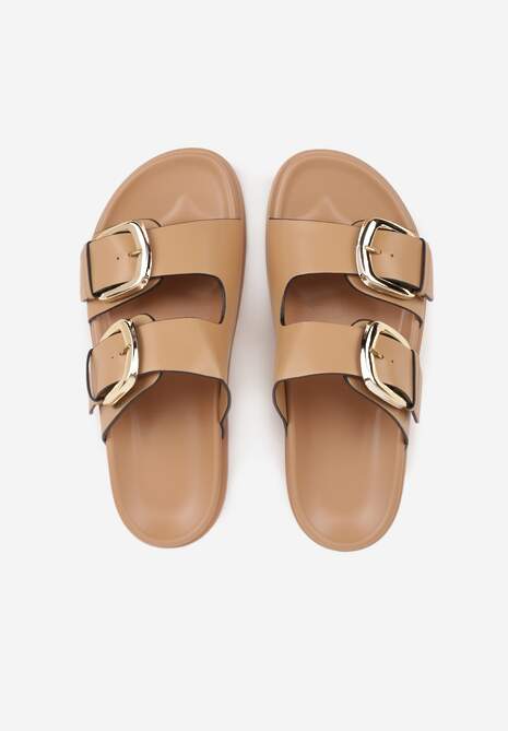 Ciemnobeżowe Klapki z Metalicznymi Klamrami Aetheta 6