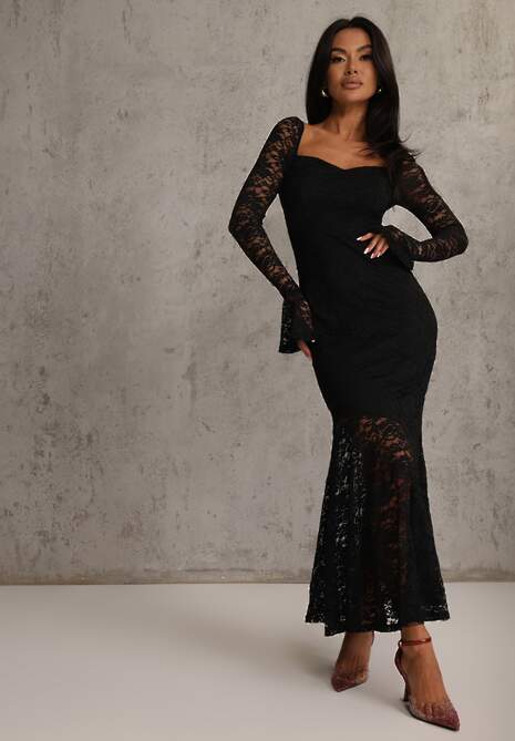 Czarna Elegancka Sukienka VICES z Koronki z Wiązaniem z Tyłu Drenvienne