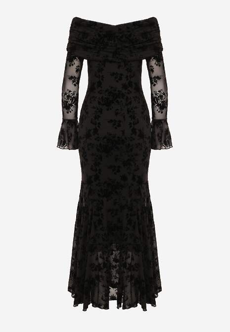 Czarna Wizytowa Sukienka VICES Off Shoulder z Kwiatowym Wzorem z Weluru Adrakharei 6