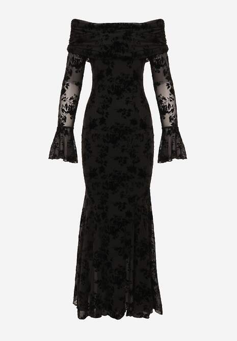 Czarna Wizytowa Sukienka VICES Off Shoulder z Kwiatowym Wzorem z Weluru Adrakharei 7
