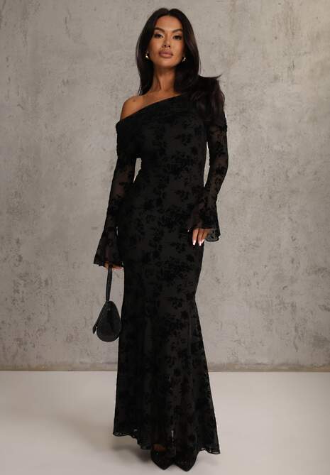 Czarna Wizytowa Sukienka VICES Off Shoulder z Kwiatowym Wzorem z Weluru Adrakharei