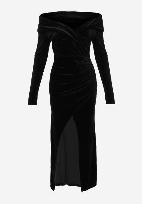 Czarna Sukienka z Weluru VICES Off Shoulder z Rozcięciem Elinesh 6