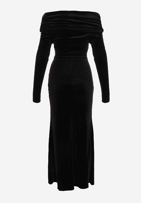 Czarna Sukienka z Weluru VICES Off Shoulder z Rozcięciem Elinesh 7