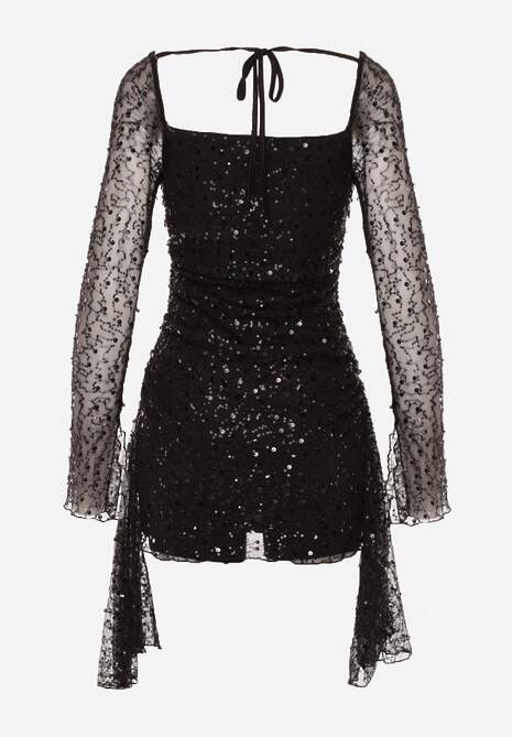 Czarna Dopasowana Sukienka VICES Zdobiona Cekinami i Wiązaniem Alethrolphi 7