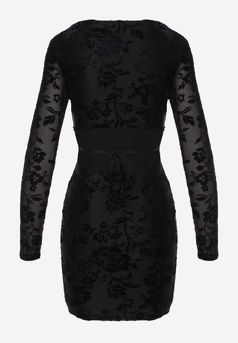 Czarna Sukienka VICES Bodycon z Wiązaniem na Plecach i Welurowym Wzorem Raessa 7