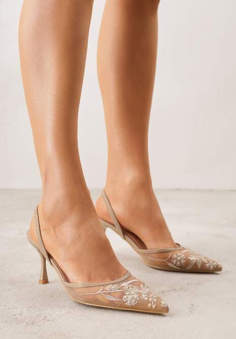 Ciemnobeżowe Transparentne Sandały na Szpilce Ozdobione Koronką  Thetune