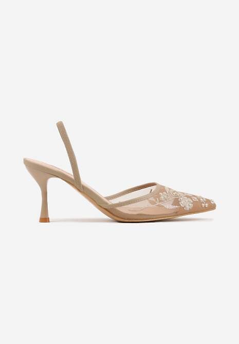 Ciemnobeżowe Transparentne Sandały na Szpilce Ozdobione Koronką  Thetune 4
